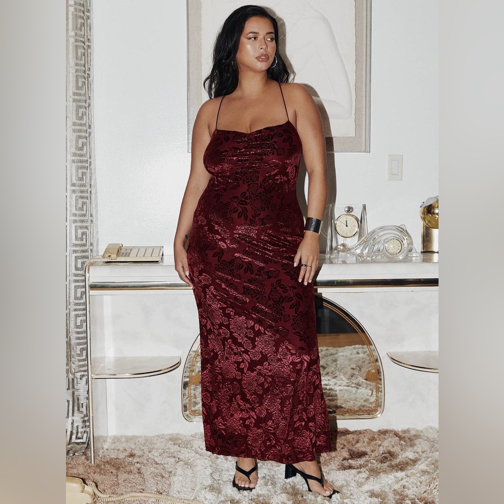 Princess Polly Velvet Floral Lace Up Back Maxi Dress Nwot